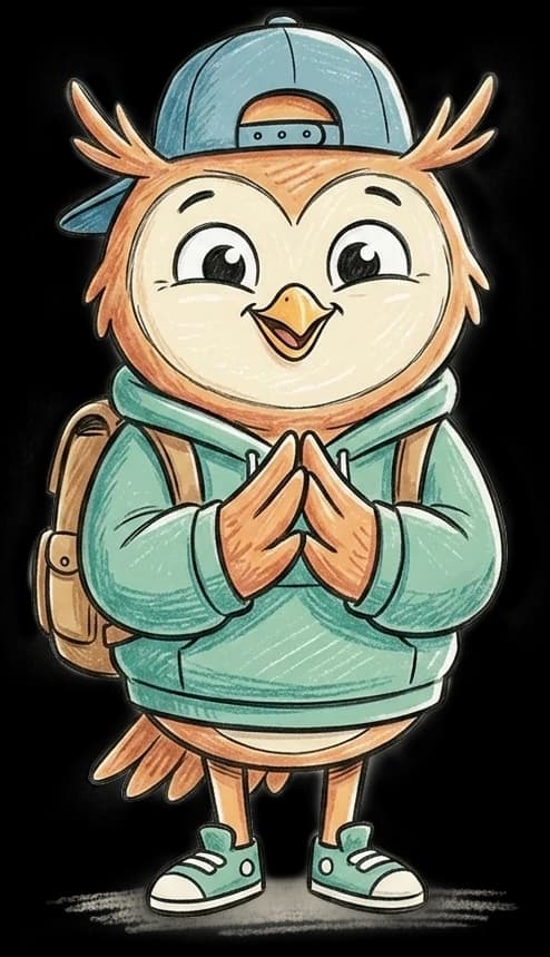 Plumo, la mascotte di PlumoBOX, con le mani giunte dall'aria timida